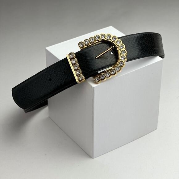 Art 9271 Genuine Black snake skin belt with rhinestone and gold belt‎ buckle - Picture 1 of 3